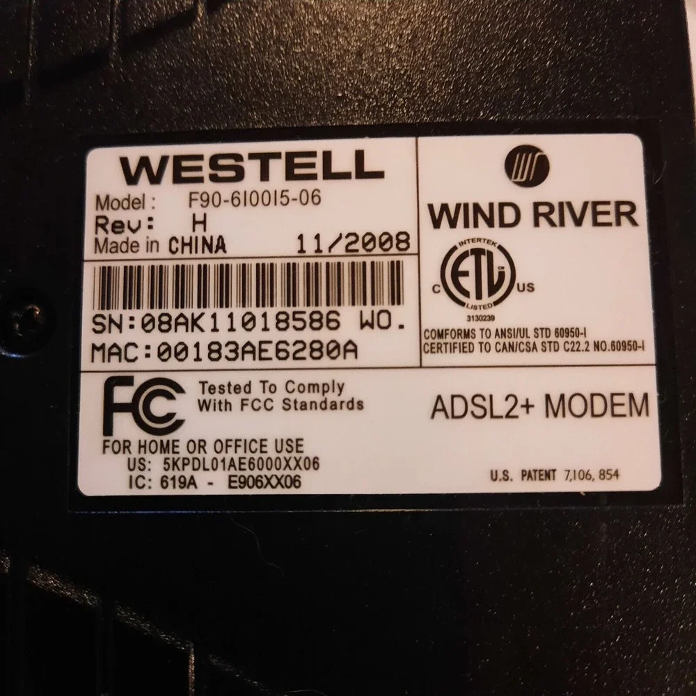 VERIZON_WESTELL 6100F DSL Modem Bridge ADSL2 F90-610015-06
